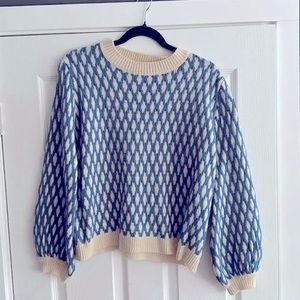 Vintage-Inspired Blue and Cream Sweater- Medium